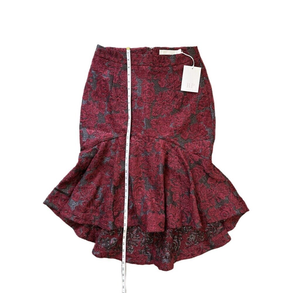 Rachel Parcell Jacquard Floral High Low Ruffle Hem Skirt Burgundy Gray Sz 8 - Picture 5 of 10